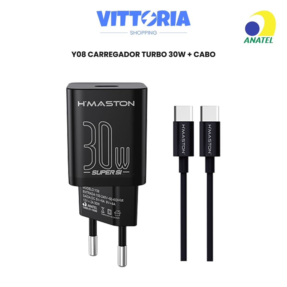 Carregador PD 30W Y08 Tipo-C Carregador Turbo 6A com Cabo Fast Charger Carregamento Rápido Leve e Portátil