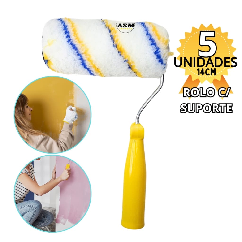 5 Rolos de Pintura com Suporte 14cm 6"  Ferramenta Ideal para Pintura Uniforme e Sem Respingos