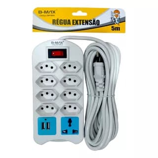 Extensão Elétrica 9 Tomadas Régua Bivolt Com 2 Usb 5 Metros Cor Branco 127v/220v