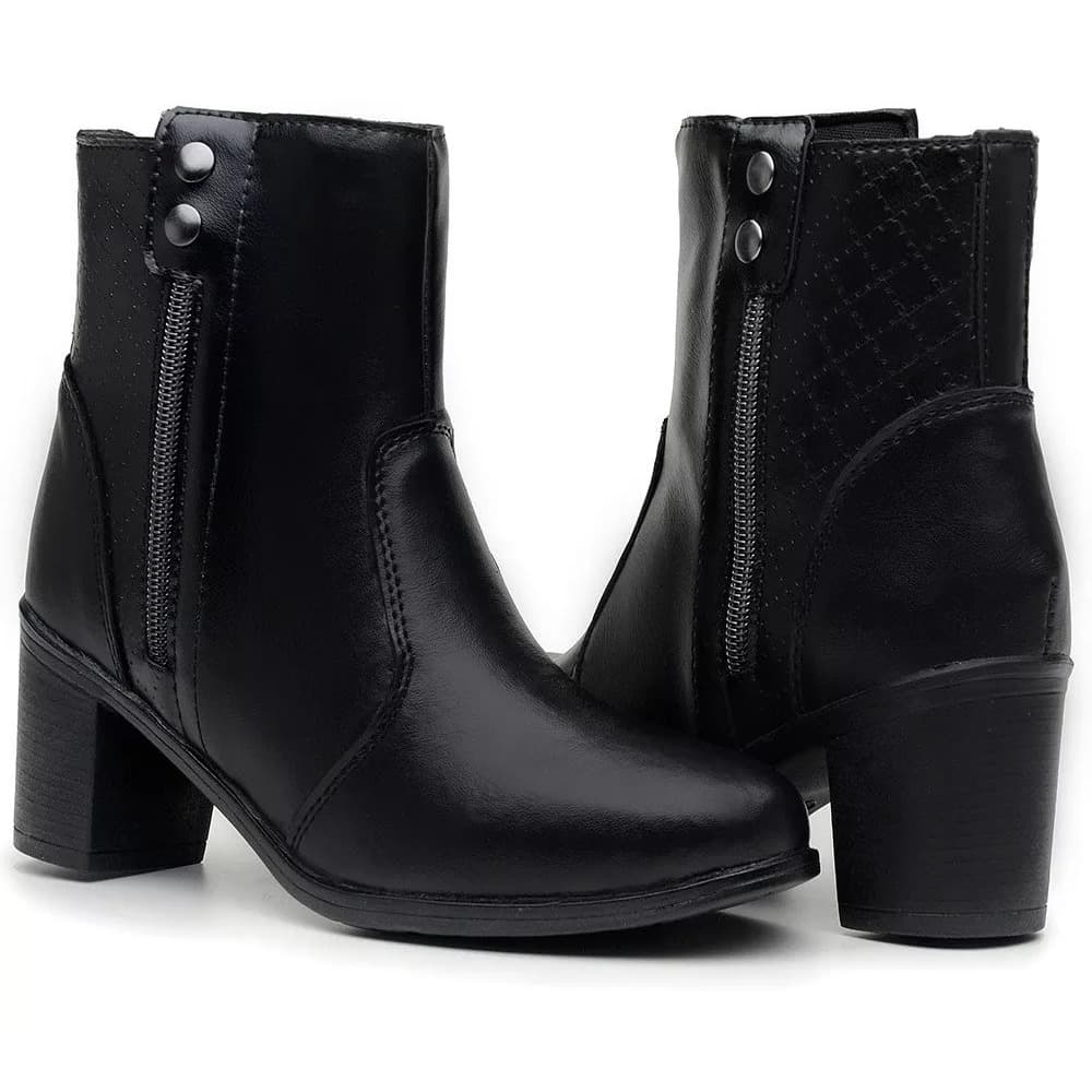 Bota Coturno Feminina Coturno com Salto Médio Cano Curto com Zíper Lateral Bico Fino
