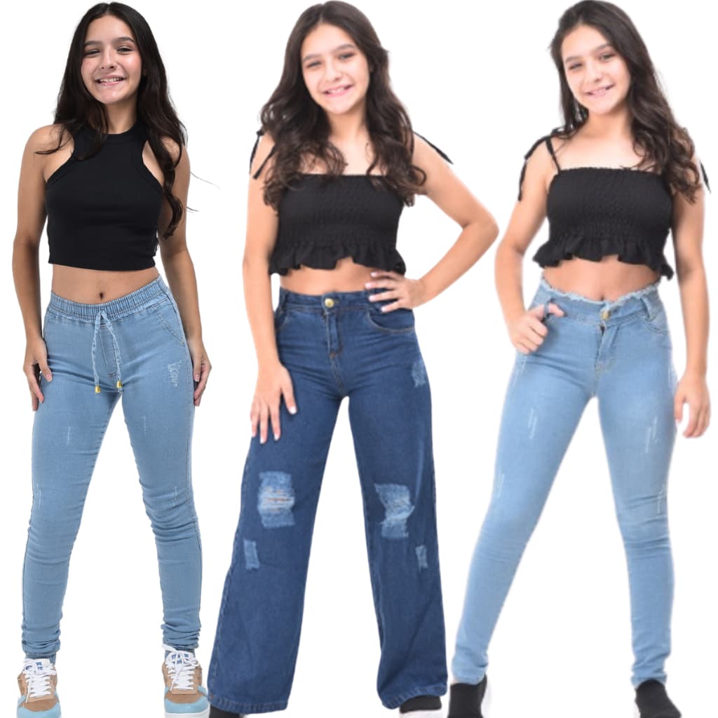 Combo 3 peças calça pantalona wide leg + jogger + calca feminina slim moda infantil juvenil 10 a 16