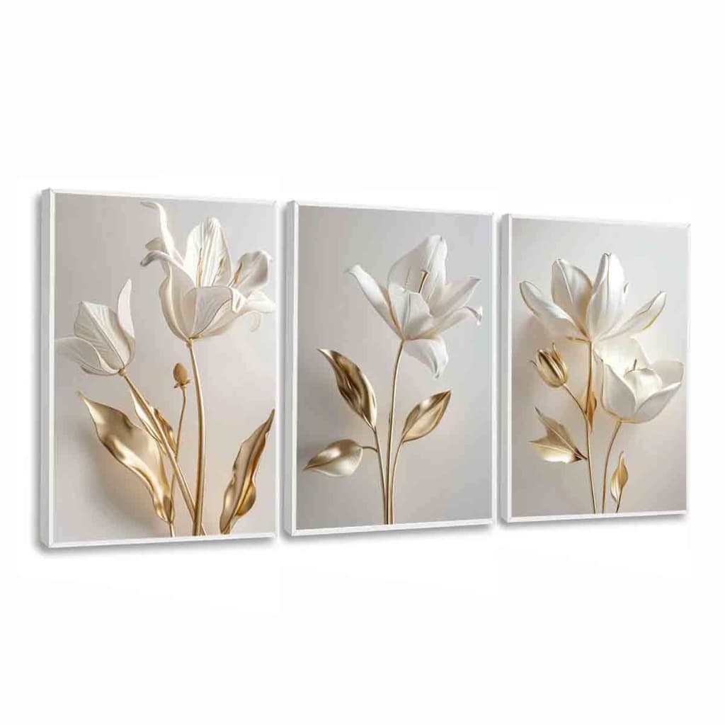 Quadros Decorativos Flores Brancas Gold Clean Sala quarto luxo com Moldura