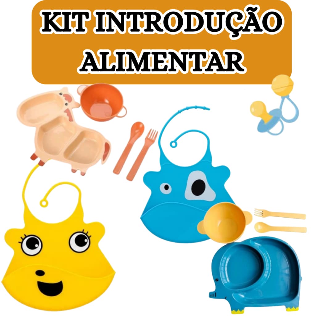 Kit Refeição FORMATO ANIMAIS 4PÇS 25CM + Babador Silicone Impermeável com Bolso Cata Migalhas 35CM