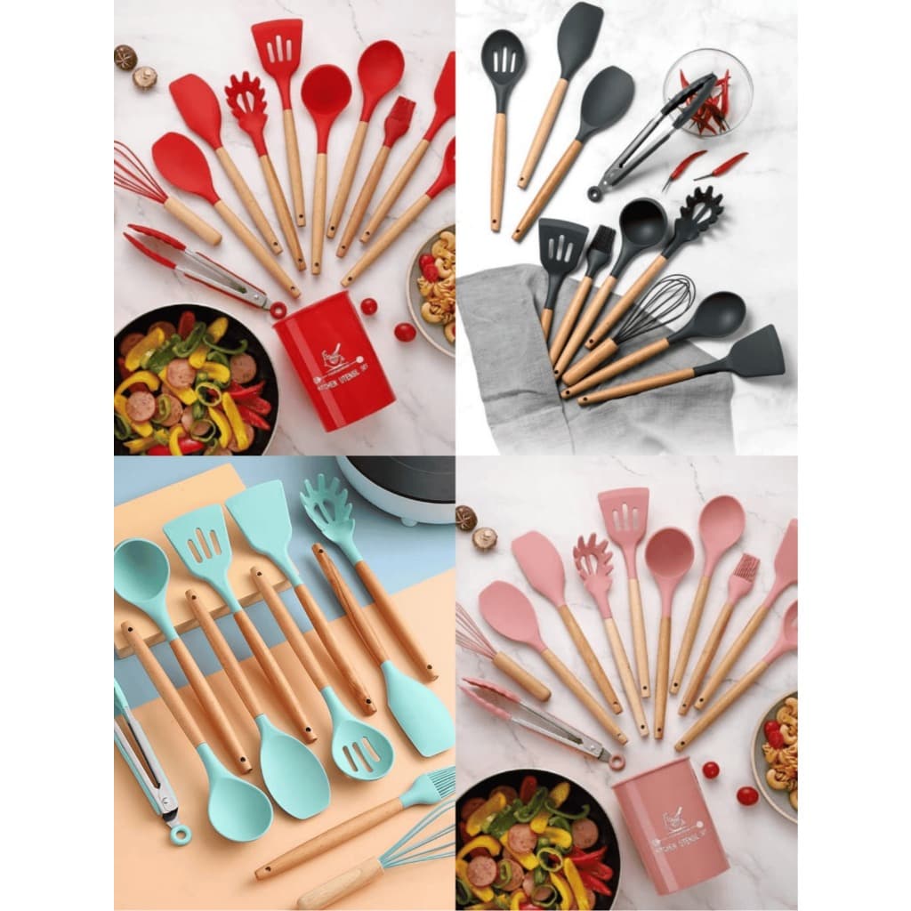 Kit Jogo 12 Peças de Cozinha Silicone Colher Espátula kitchen Livre de BPA Antiaderente com Suporte Copo Cabo de Madeira