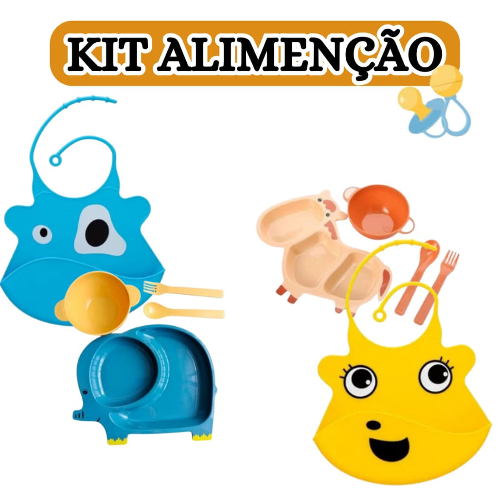 KIT BABADOR BEBE SILICONE BOLSO CATA MIGALHAS 35CM + PRATINHO PAPINHA COM FORMATO ANIMAIS 4PÇS 25CM