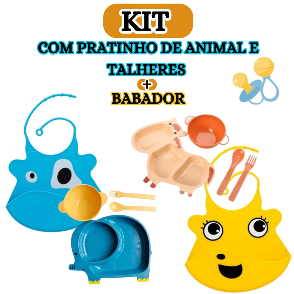 2 KITS BABADOR BEBE SILICONE BOLSO CATA MIGALHAS 35CM + PRATINHO PAPINHA FORMATO ANIMAIS 4PÇS 25CM