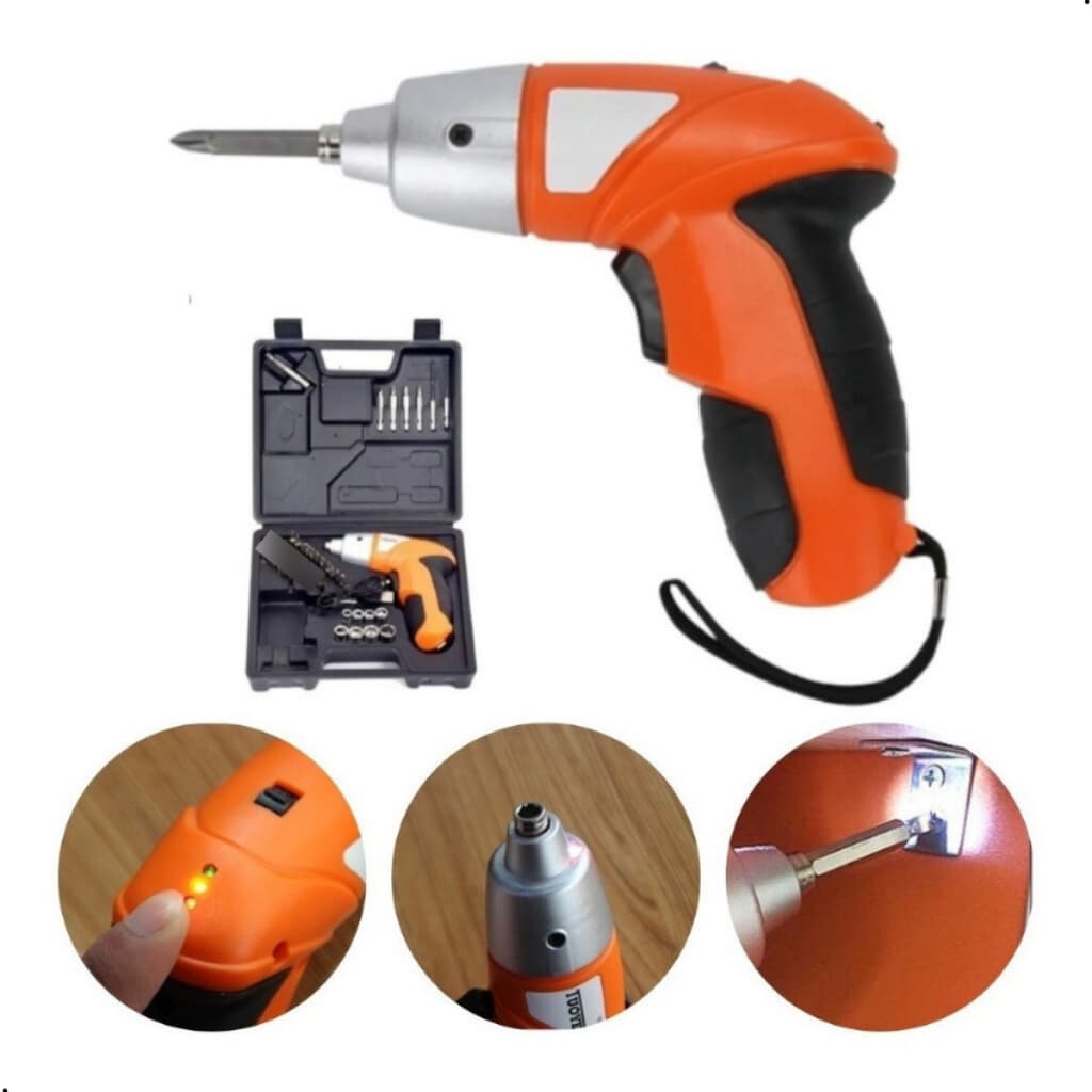 Mini Parafusadeira e Furadeira Elétrica 45 Peças, USB, Torque 3-5Nm, 220 RPM, Maleta Inclusa