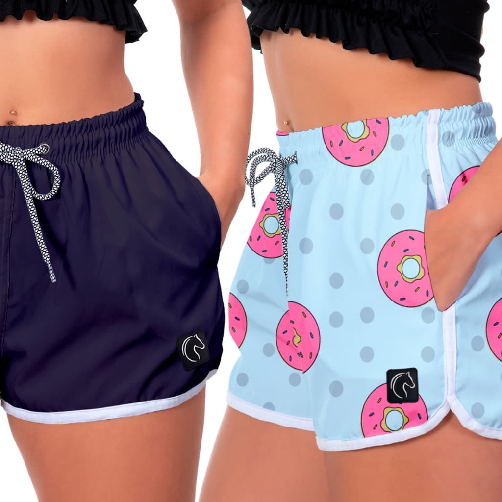 Kit 2 Shorts Feminino com Elástico Cordão Ajustável e Bolsos Moda Praia Casual ou Treino Academia