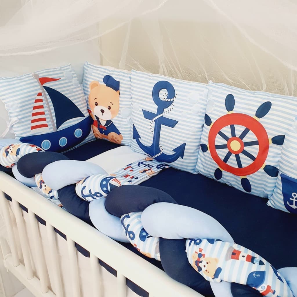Kit Mini Berço com 12 peças + Saia de Berço Bebê Menino Marinheiro