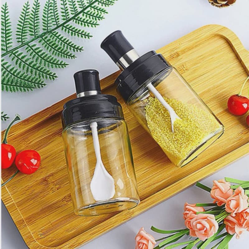 2 Potes de Vidro com Pincel ou Colher Integrada para Temperos e Condimentos