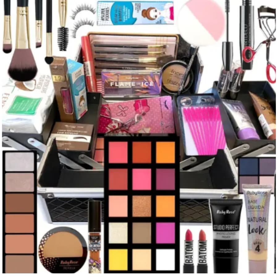 Maquiagem KIt Completo 18 itens com Paleta, Pincel, base e Necessaire Revenda/ Gloss Perfume Body Splash
