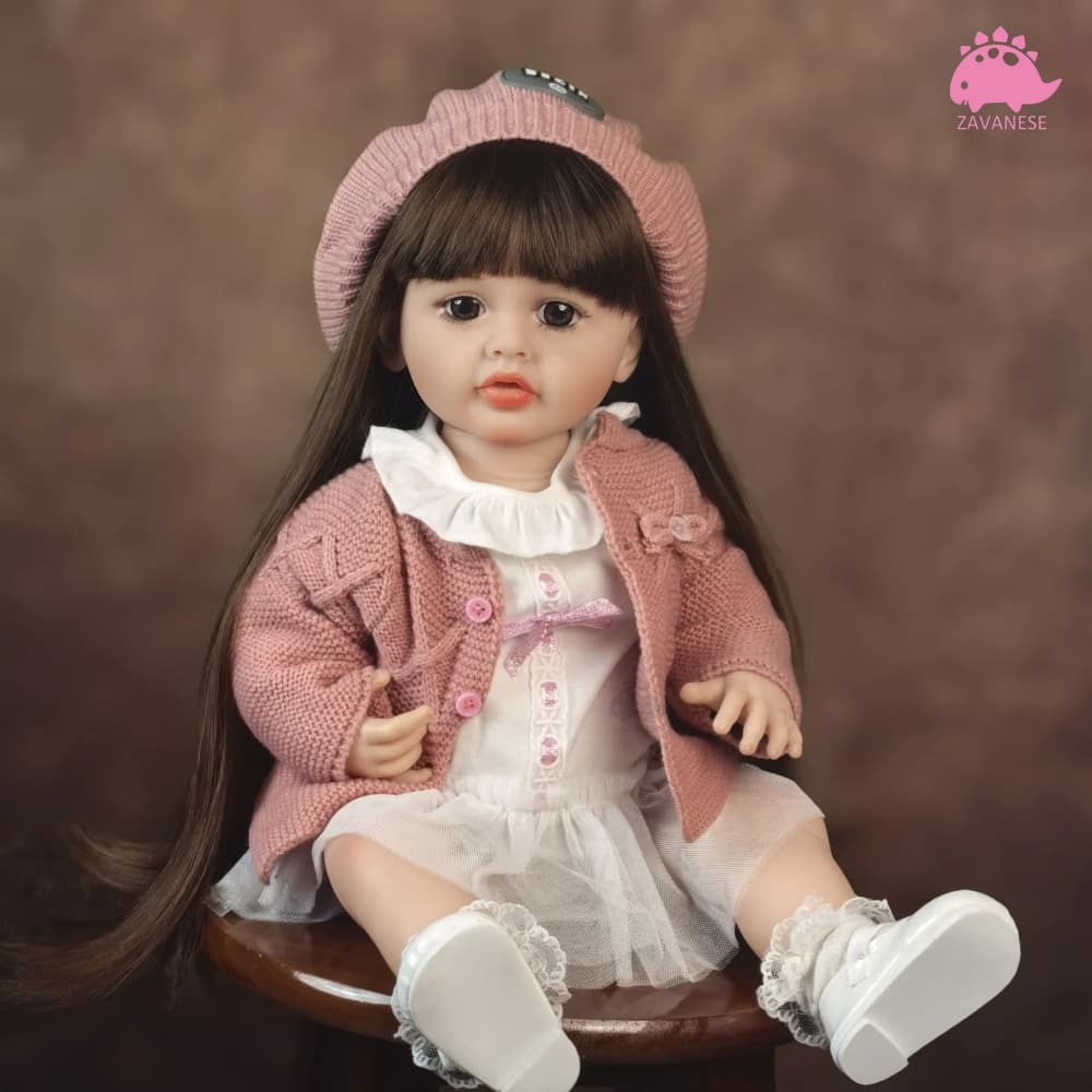 Boneca Bebê Reborn 22" Corpo Inteiro em Silicone Macio Flexível com Cabelo Longo Presente Infantil
