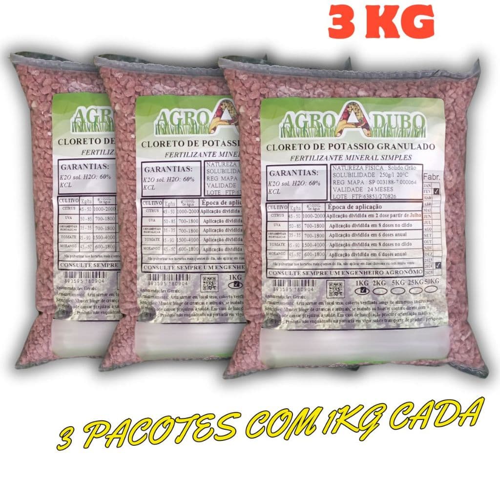 Fertilizante Cloreto Potássio Granulado 3kg Adubo 60% Kcl