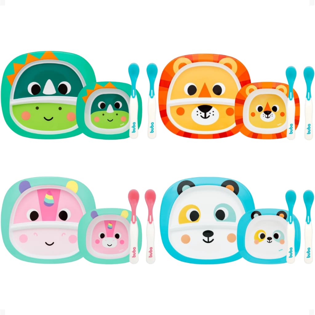 Kit Prato com Divisoria + Prato Bowl Tigela + Colheres Termossensível Buba Bubazoo Introdução alimentar bebê