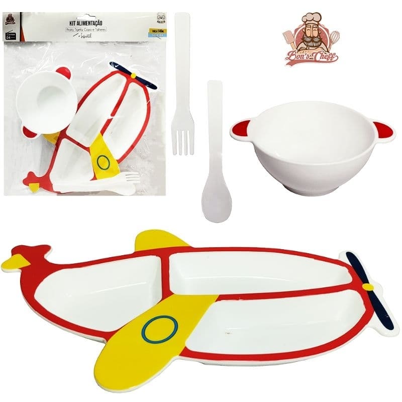 Kit Alimentação Infantil Aviãozinho com Prato + Tigela + Prato + Colher em Plástico