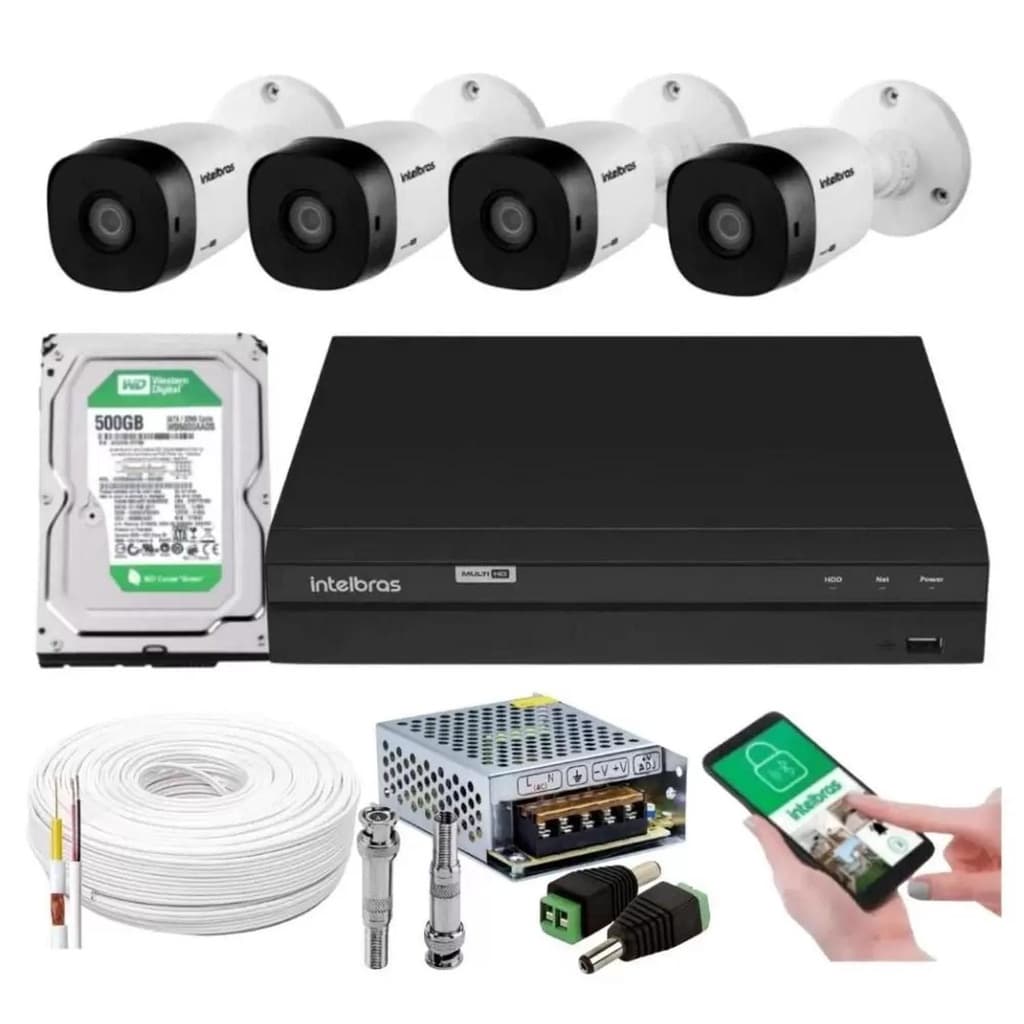 Kit 4 Camera de Seguranca Intelbras Bullet vhl 1120b Externa Dvr 4 canais multi hd 500g