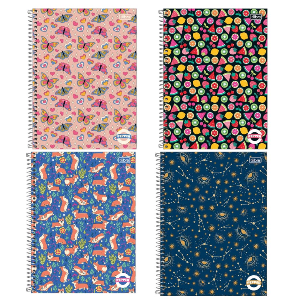 Kit 4 Cadernos Tilibra Pepper 1 Matéria Feminino Capa Dura