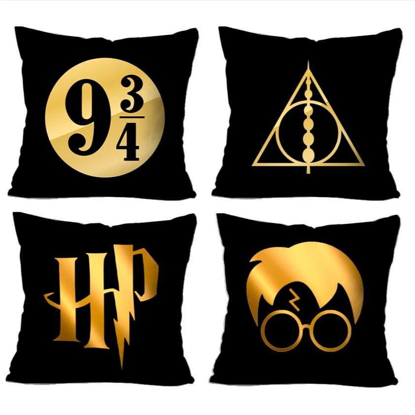Kit 4 Capas de Almofada Harry Potter- Capa de Almofada Minimalista 40x40cm com Zíper Estampada Kit 4 Peças