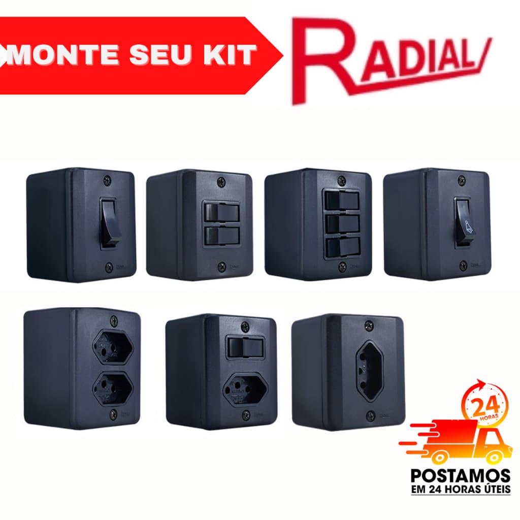 Conjunto Tomada e Interruptores 10A/20A Sobrepor Sistema XBLACK- 1 á 2 UNIDADES.