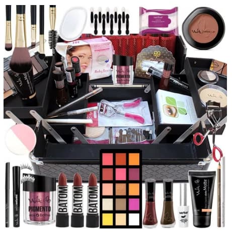 Kit de Maquiagem Inovadora 12 Produtos com Base, Pincel e Necessaire Completa gloss