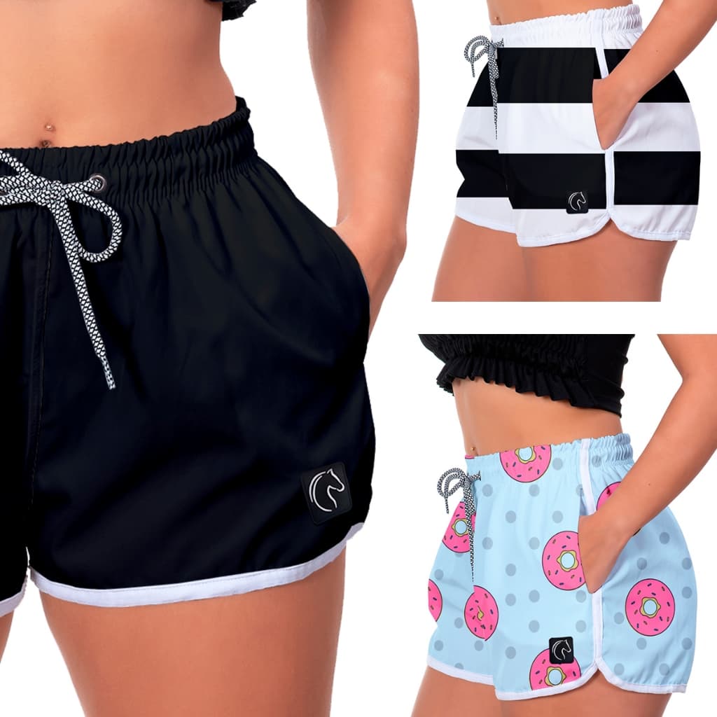 Kit 3 Shorts Feminino Premium com Elástico e Bolsos Moda Praia Casual ou Treino Academia