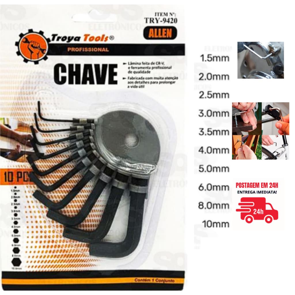 Chave Allen Jogo Chaves  Kit Chave allen alem Jogo allen 10 chaves Troya Tools