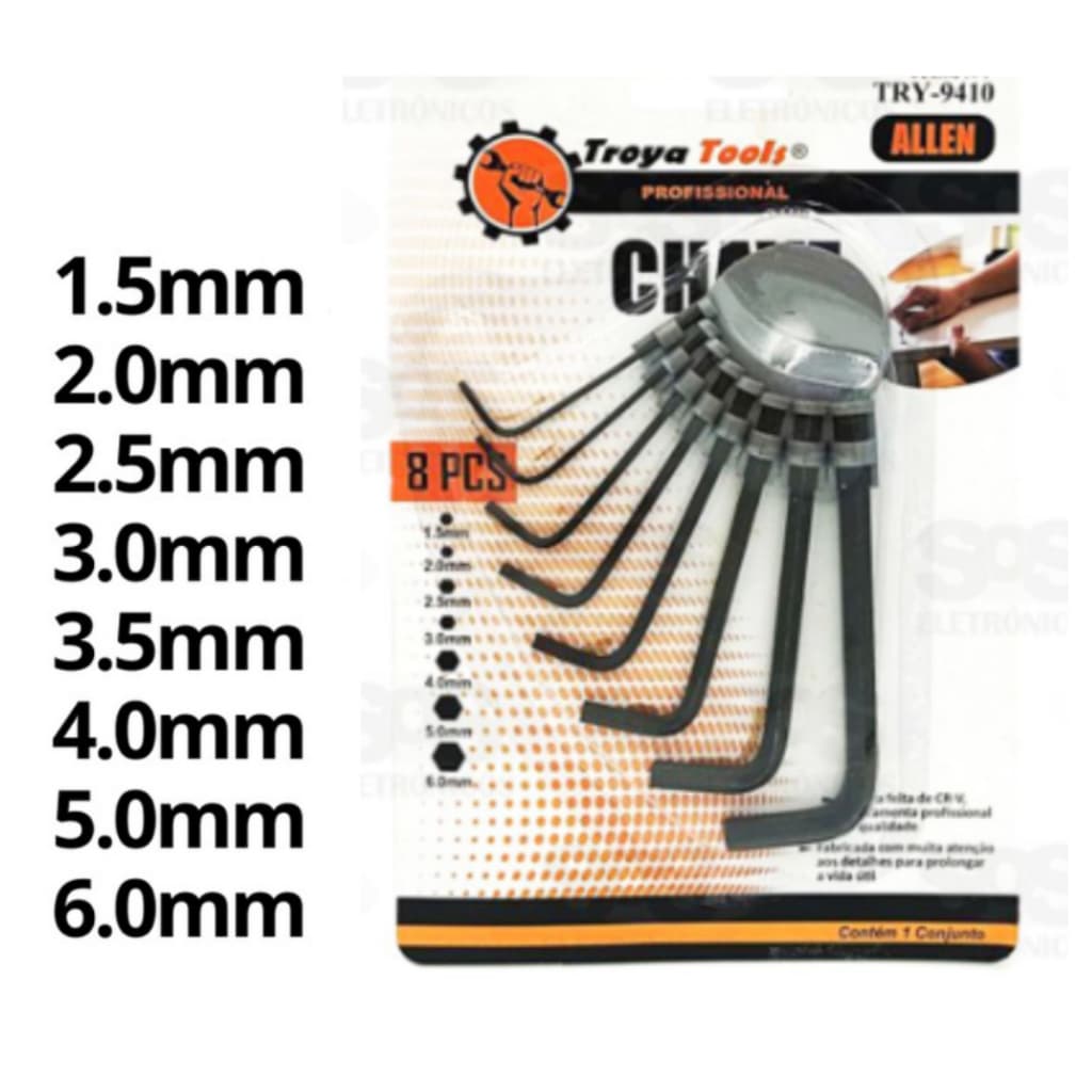 Chave Allen Jogo Chaves 1,5 - 2 - 2,5 - 3 - 3,5 - 4 - 5 - 6mm TRY - 9410Kit Chave allen alem Jogo