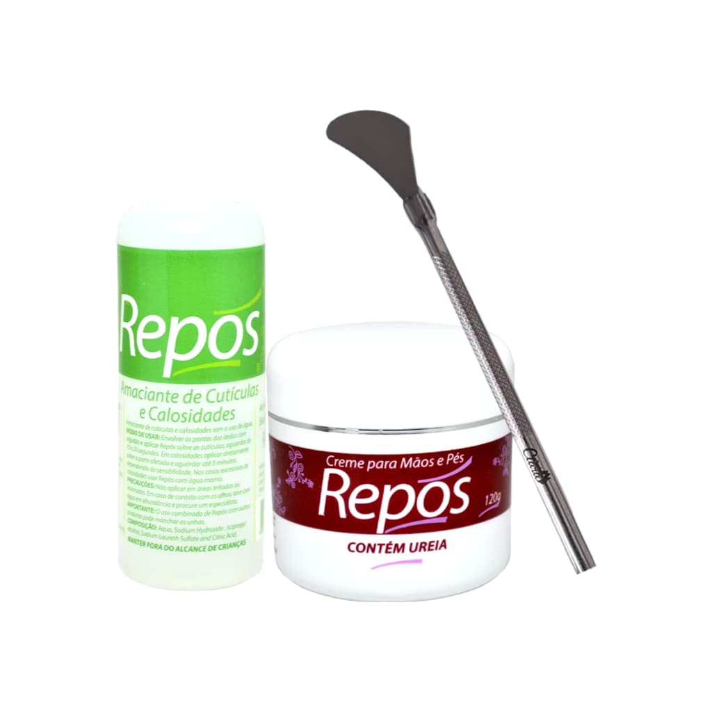 Kit Spa dos Pés Repós – Amaciante de Calosidades e Cutículas 150ml + Creme com Ureia 120g + Espátula Ref. 222
