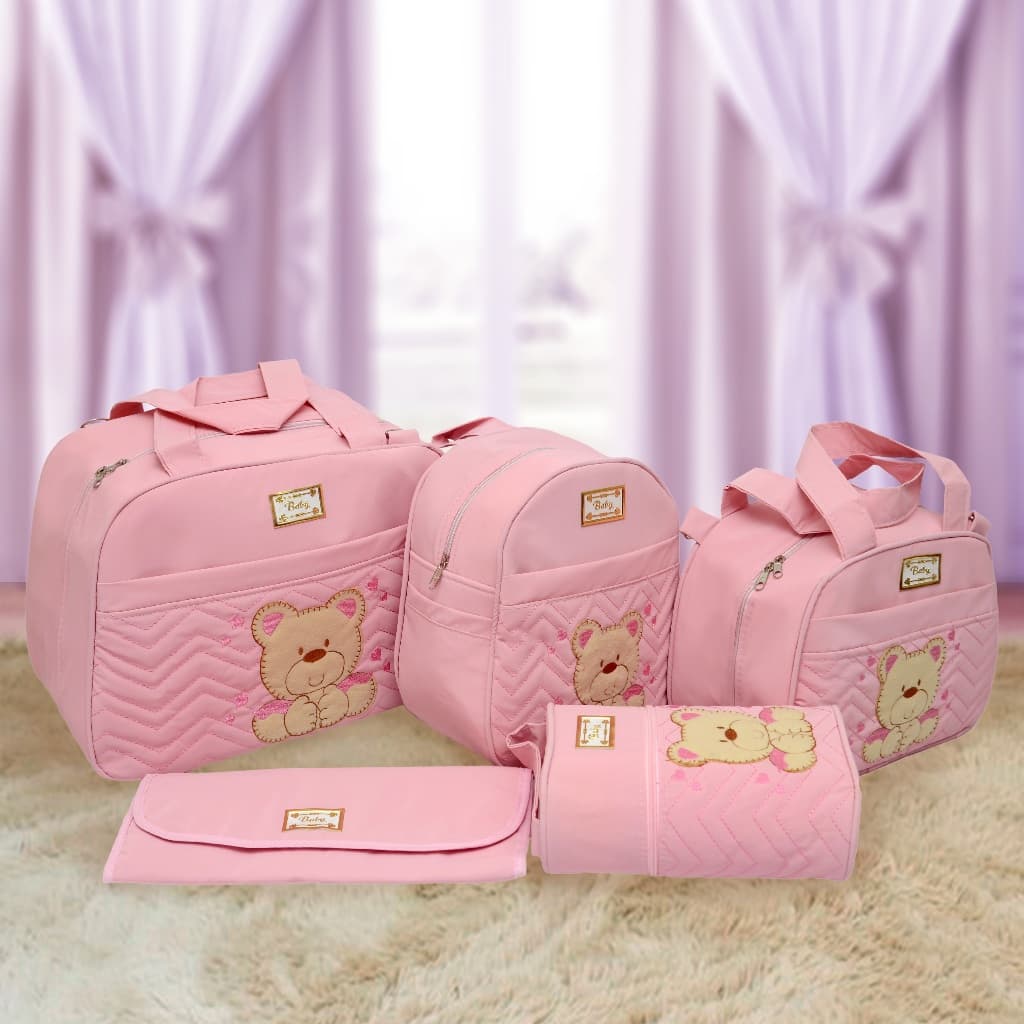 Kit Bolsa/Mala Maternidade Feminino/Menina 5 Peças Rosa Urso