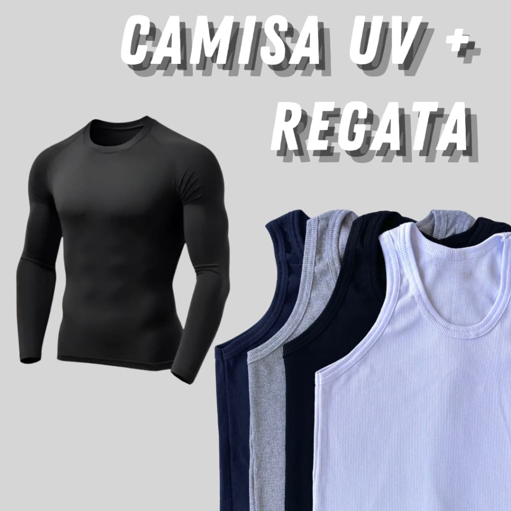 Kit Camisa térmica Masculina de proteção UV 50+ e Regata canelada tipo americana