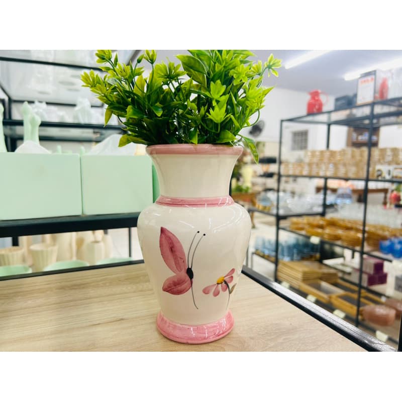 Vaso Decorativo em Cerâmica Rosa Libélula Pintado A Mão