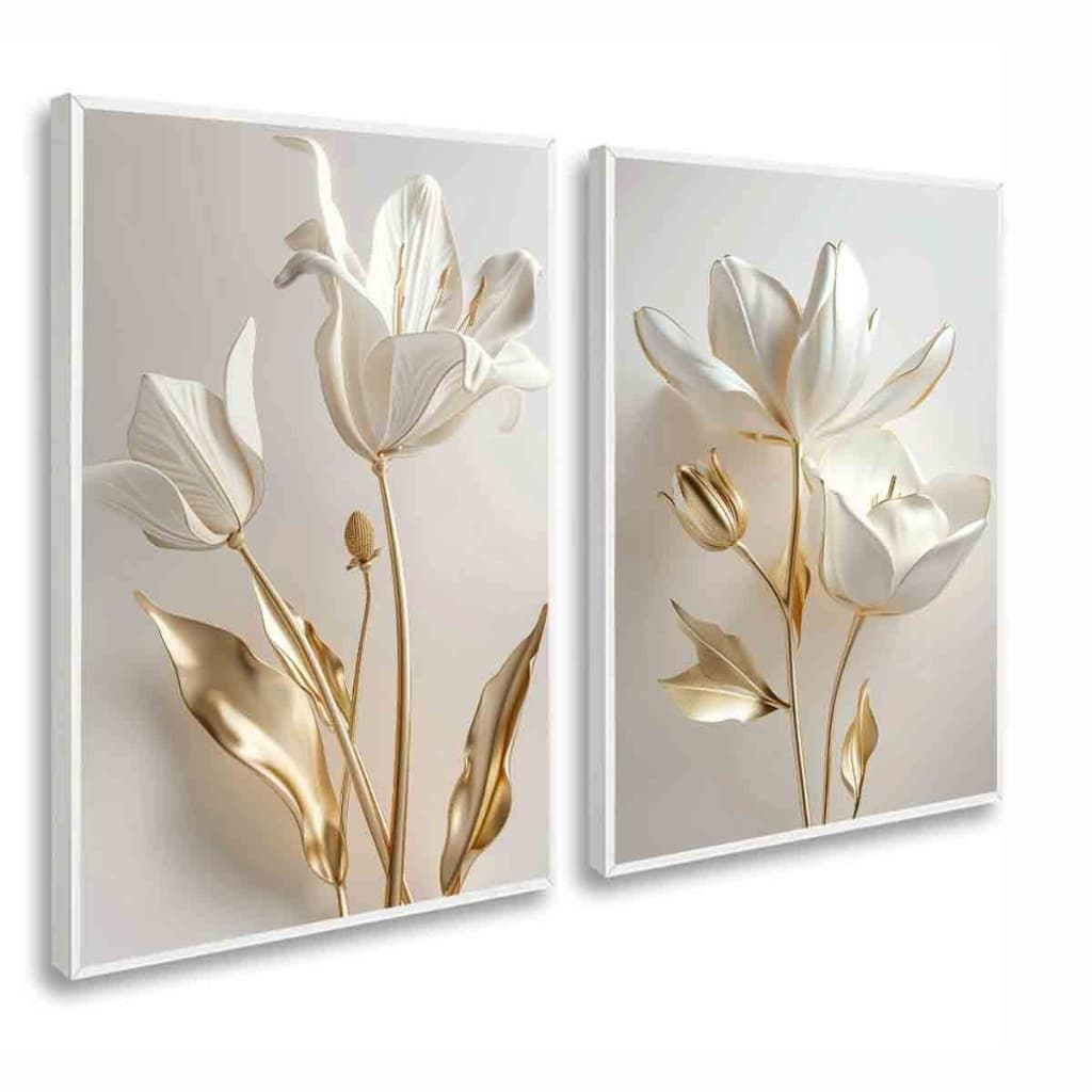 Kit 2 Quadros Decorativos Flores Brancas Gold Clean Sala quarto casa luxo com Moldura