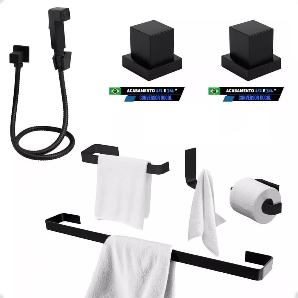 Kit Acessórios Banheiro Preto Acabamentos Registro Docol e Ducha Higiênica
