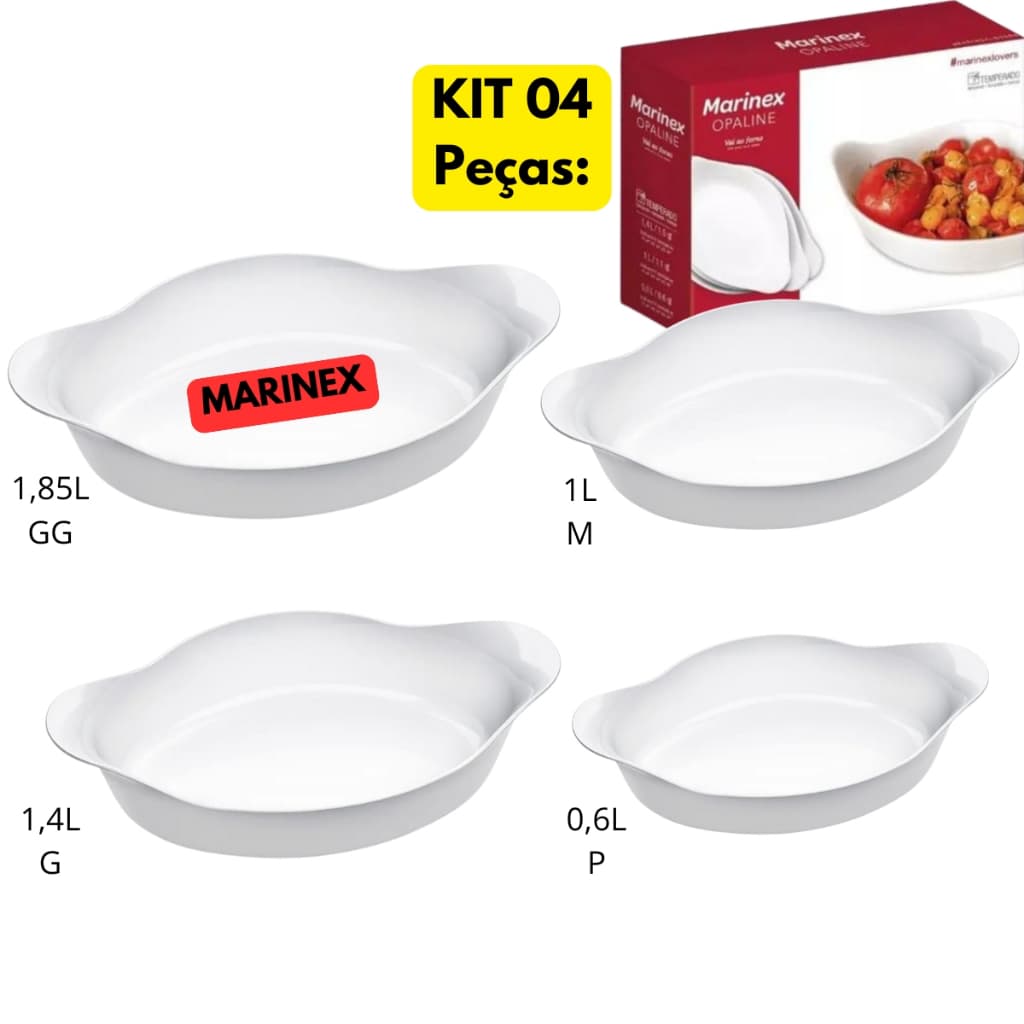 Jogo Kit 04 Assadeiras Opaline Vidro Branco Pequena Media Grande Assados Travessa Refratario Forno