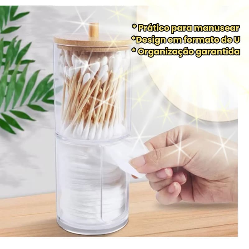 Porta Algodão e Cotonetes Acrílico Transparente com Tampa Bambu
