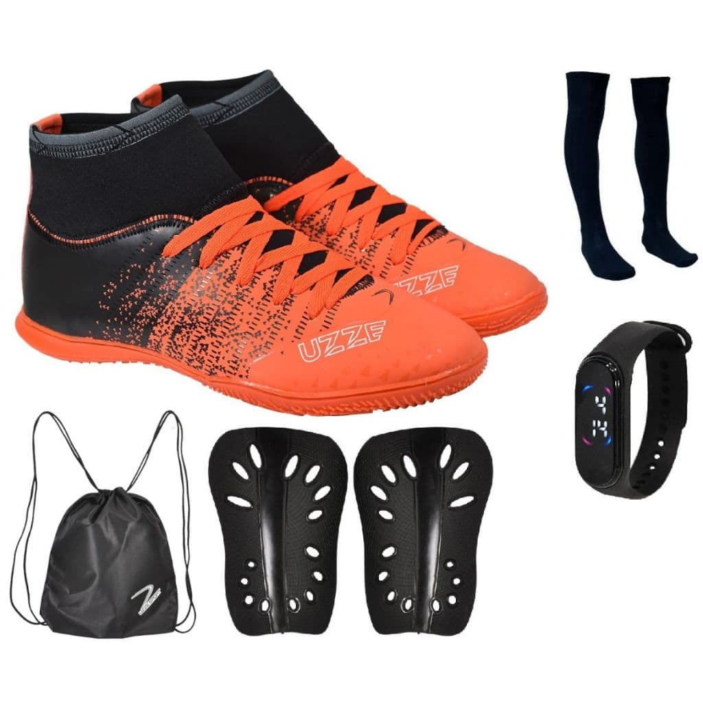 Chuteira Futsal Salão Quadra Botinha Adulto Infantil Bota Cano Alto Meião Relógio Mochila Caneleira
