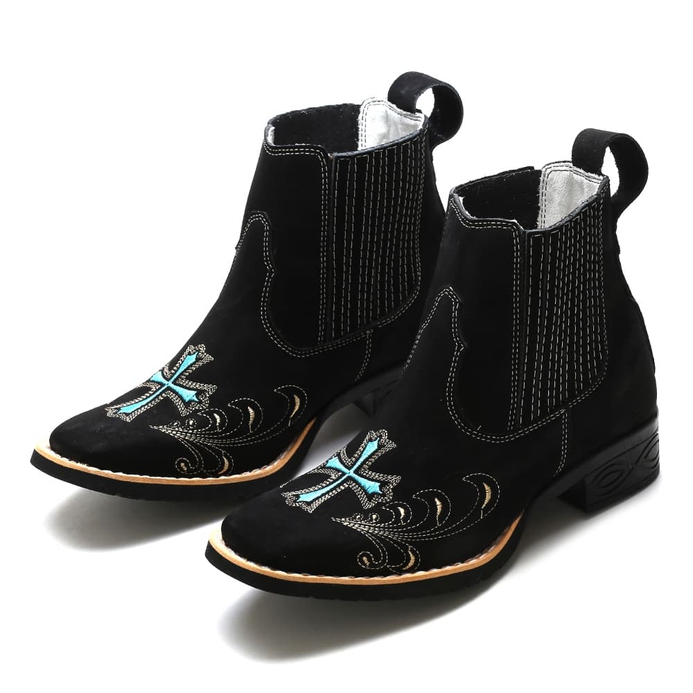 Botina Bota Country Texana Feminina Em Couro Bico Quadrado Preto
