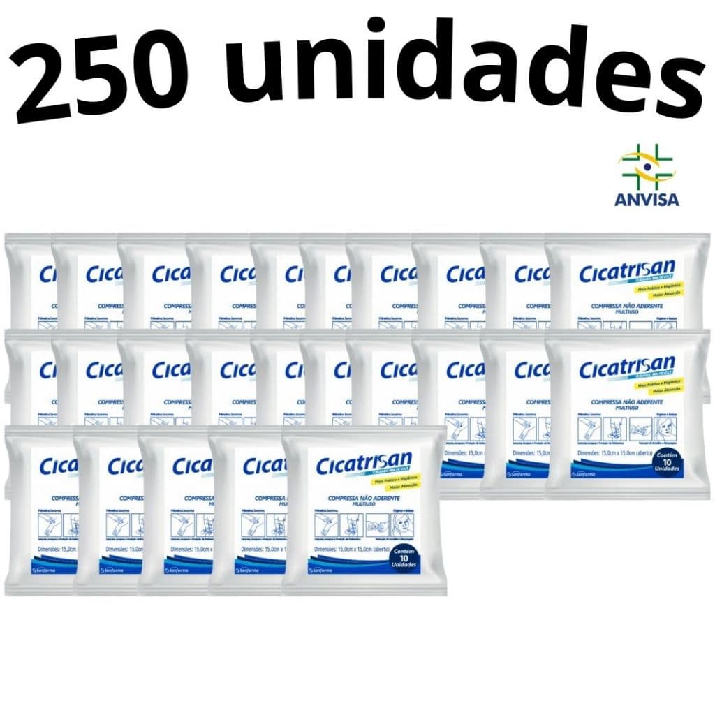 Kit 250 Un Compressa Gaze Não Aderente Estéril Cicatrisan Sanfarma 15x15cm Absorção Limpeza Proteção