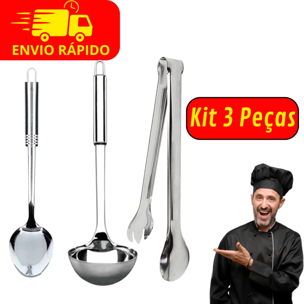 Jogo 3 Peças Utensílios de Cozinha Em Aço Inox Premium Concha de Feijão + Colher de Arroz + Pegador de Salada