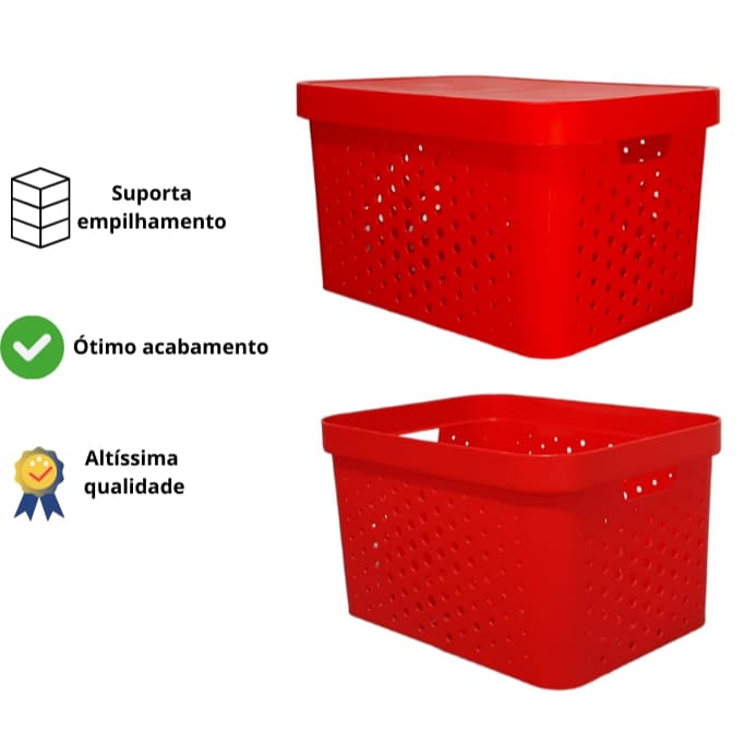 Caixa organizadora grande multiuso 17 litros qualidade resistente empilhável com tampa vermelho