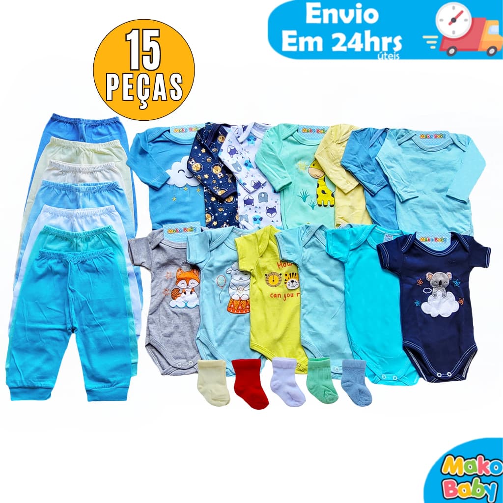 Kit 15 peças Enxoval Bebê Menino e Menina Body Calça Mijão e Meia Algodão Menino Ou Menina