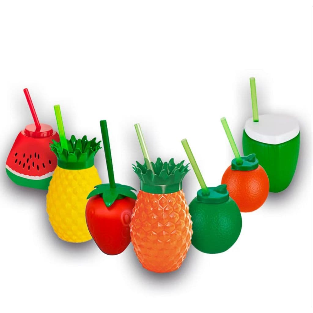 Kit 17 Copos fruta laranja abacaxi limão coco morango melancia com Canudo
