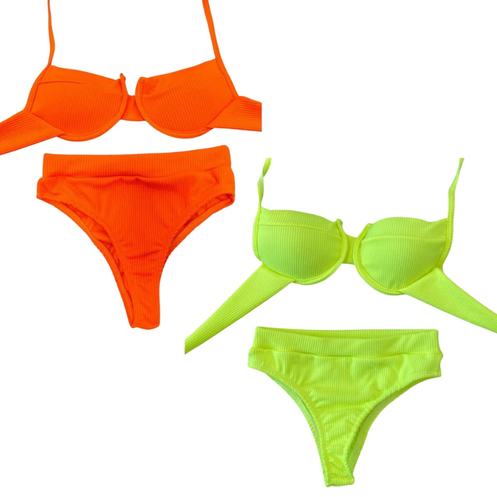 KIT 2 Biquini Feminino Canelado Meia Taça com Bojo e Calcinha Hotpants Cintura Alta