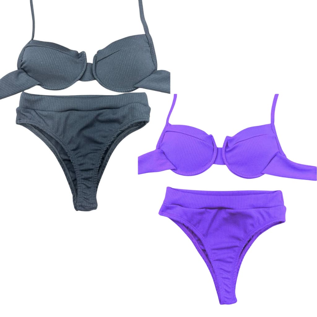 KIT 2 Biquini Feminino Canelado Meia Taça com Bojo e Calcinha Hotpants Cintura Alta Lançamento Verão