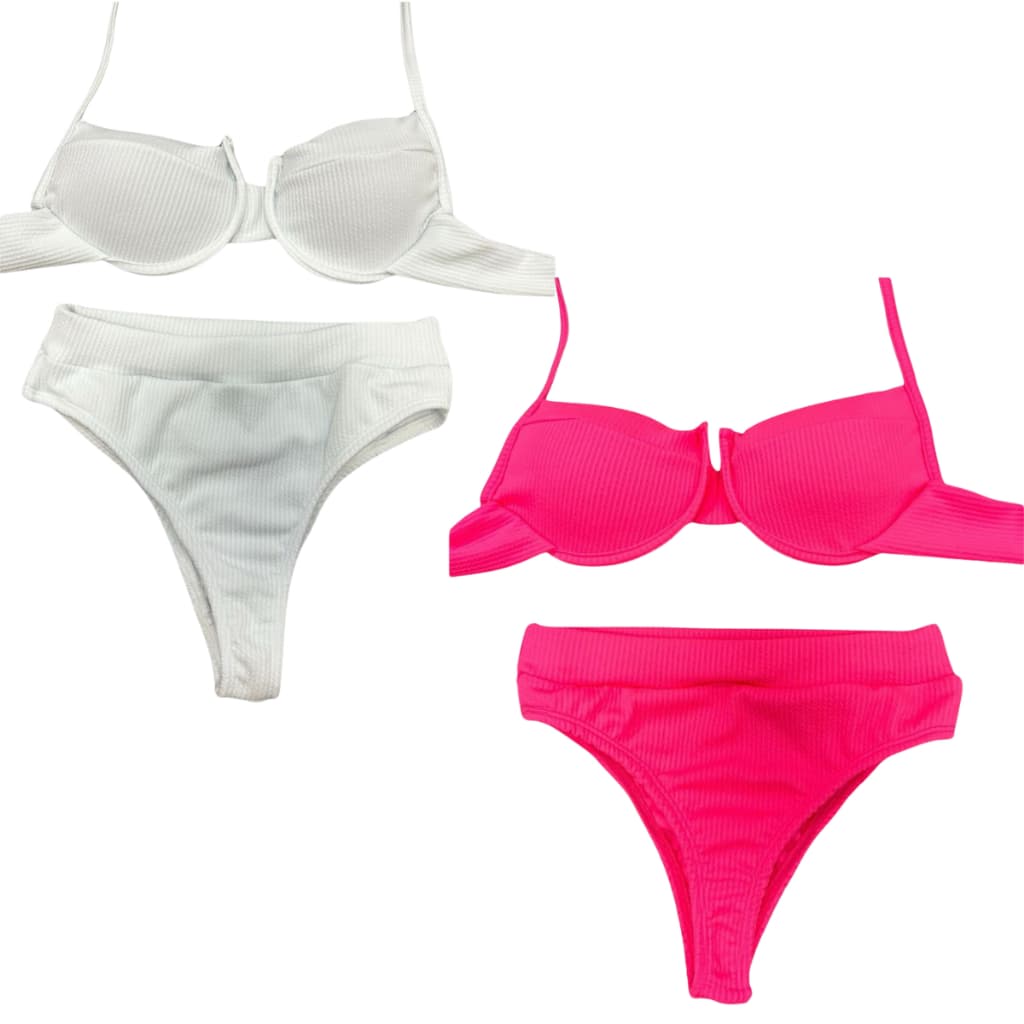 KIT 2 Biquini Feminino Canelado Meia Taça com Bojo e Calcinha Hotpants Cintura Alta Verão