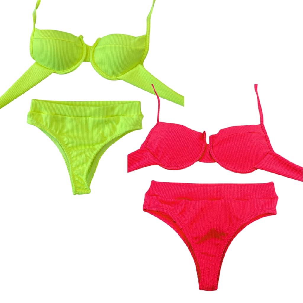 KIT 2 Biquini Feminino Canelado Meia Taça com Bojo e Calcinha Hotpants Moda Verão Cintura Alta