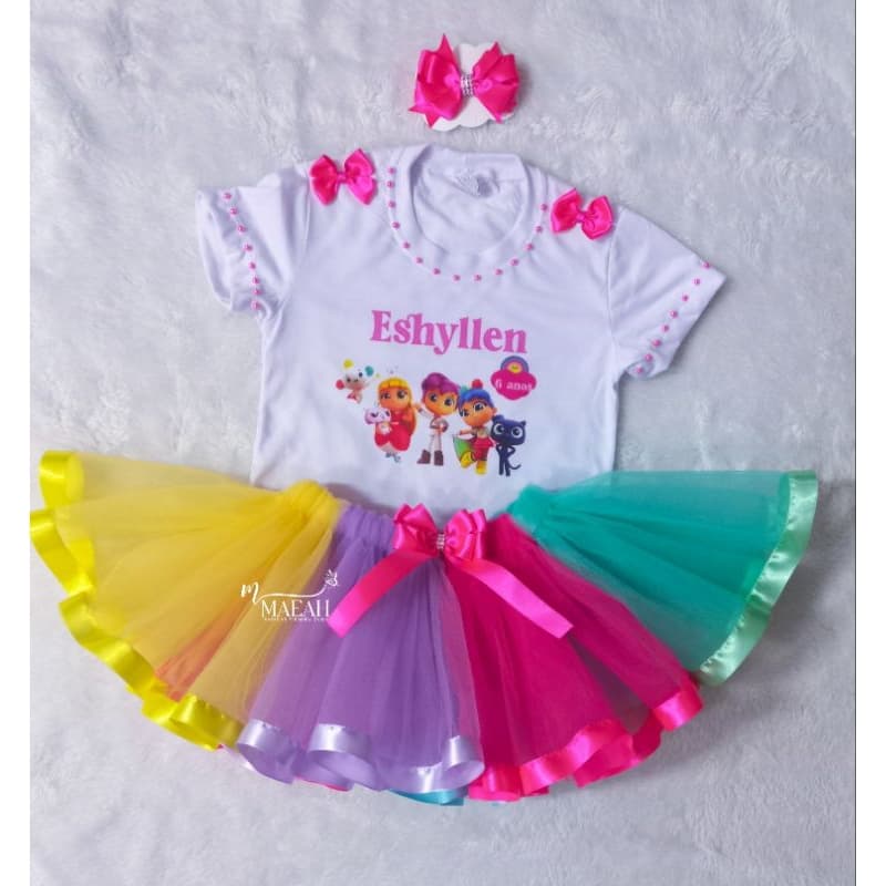 Fantasia Adulto e Infantil 6,8,10 e 12 anos Vera no Mundo do arco-íris Camiseta Personalizada Saia de Tutu