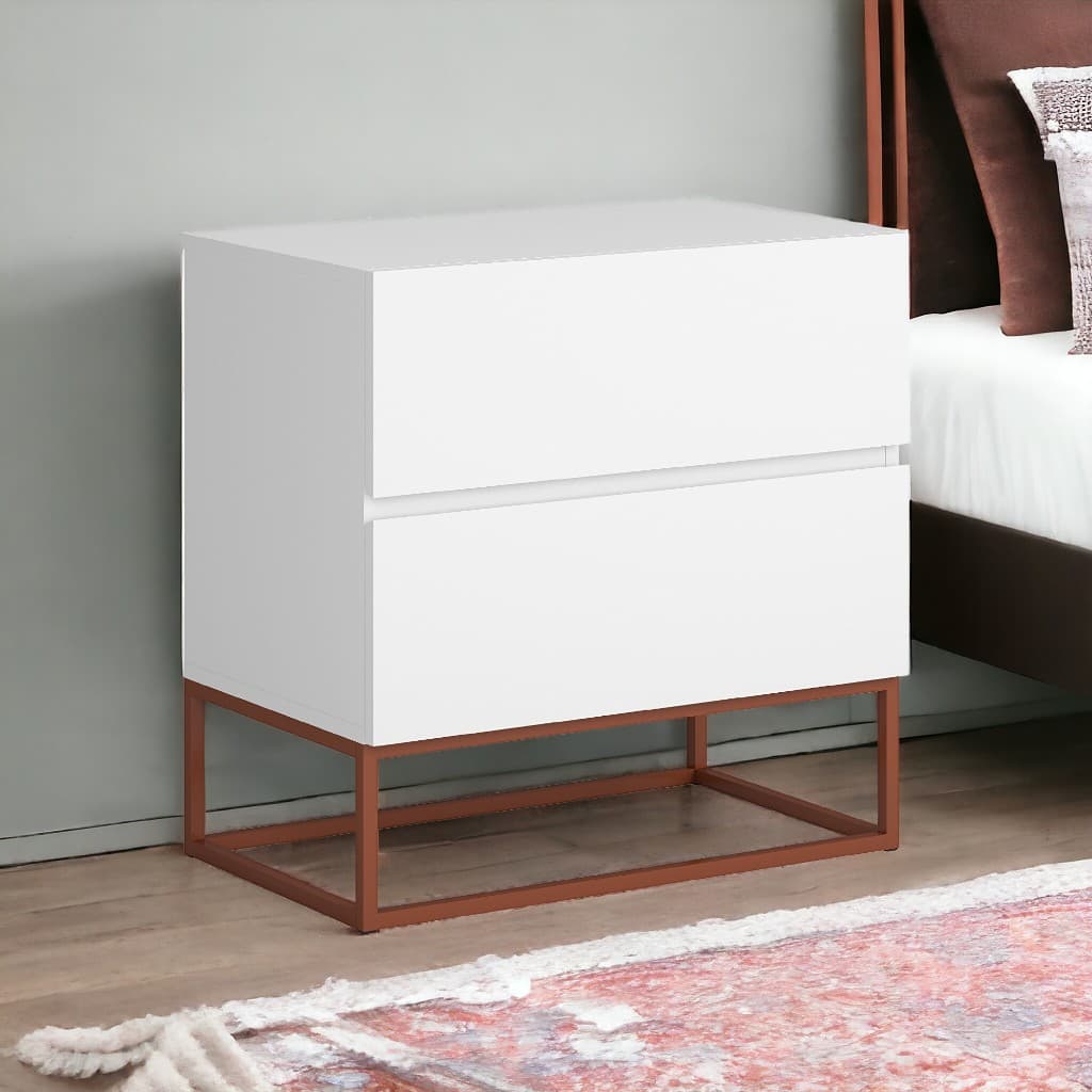 Mesinha De Cabeceira Com Base De Ferro Metalon Cobre Duas Gavetas Modernidade Em Seu Quarto MDF/MDP