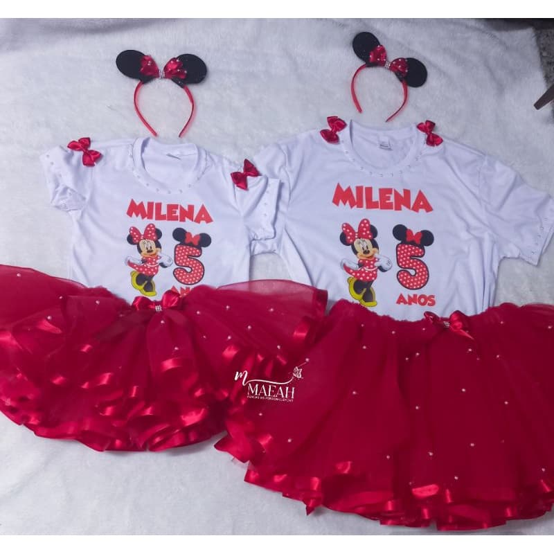Fantasia Minie Vermelha Adulto e Infantil 6 8 10 e 12 anos Camiseta Personalizada Saia de Tutu e Tiara