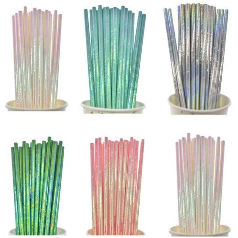 Canudo de Papel Nacarado Prata Branco Rosa Holográfico Furtacor Decoração Festa Topo de Bolo CakePop